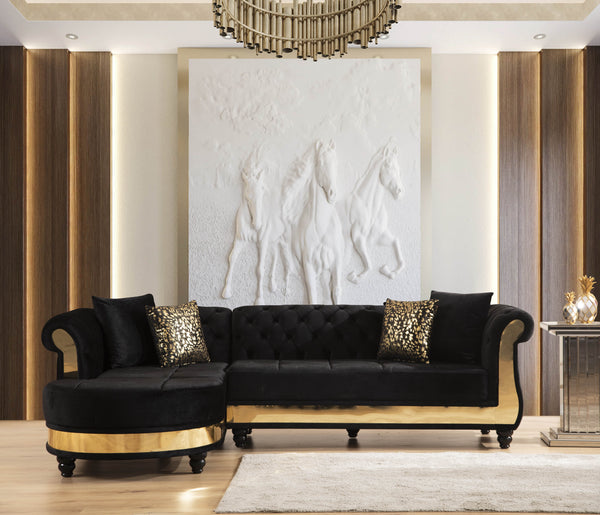 English Elm Gold Tufted Velvet L-Shaped Sectional Sofa with Quilted Seats, Gold Trim and Plush High-Density Cushions Black B009S00934