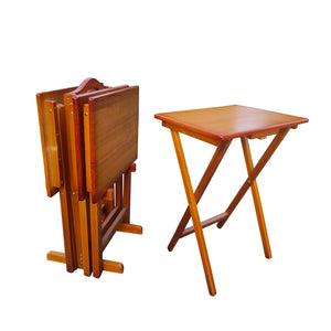 English Elm Folding Solid Wood Snack Trays Set of 4 with Storage Rack – Honey Finish, Durable TV & Laptop Tables W49539832