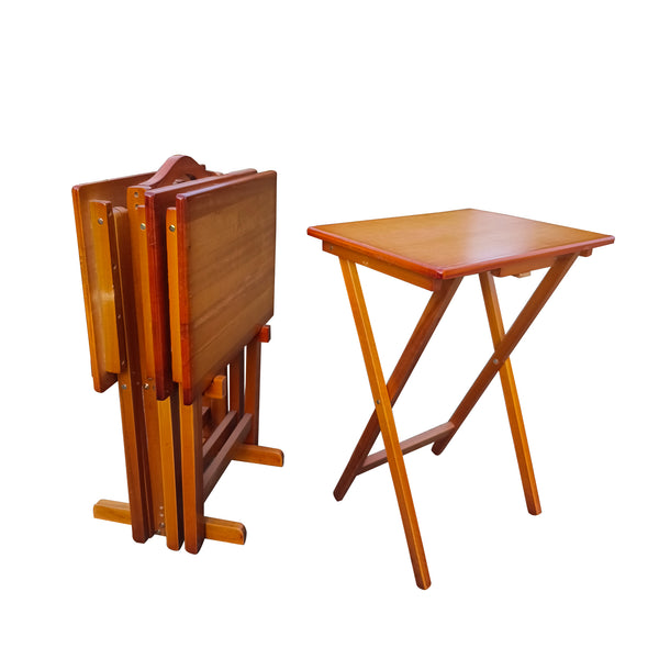 English Elm Folding Solid Wood Snack Trays Set of 4 with Storage Rack – Honey Finish, Durable TV & Laptop Tables W49539832