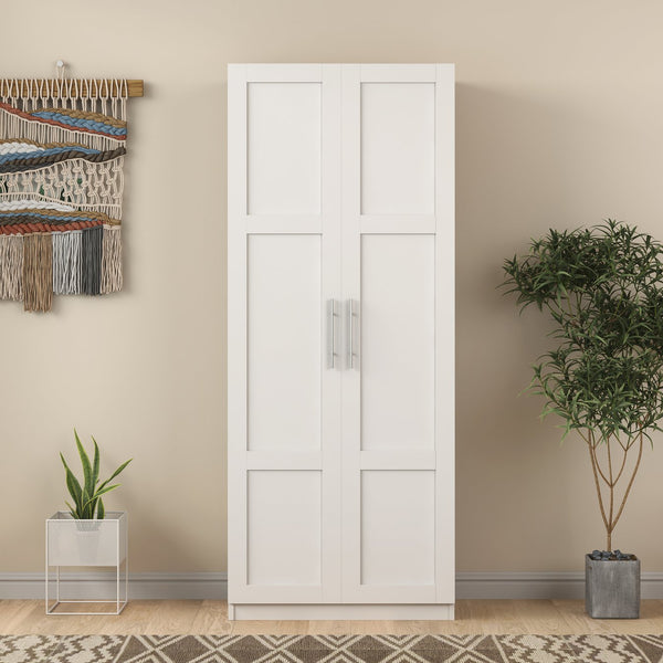 English Elm Pantry Adjustable 2-Door Storage Cabinet with 3 Shelves, Slim White Freestanding Cupboard for Home W331S00076