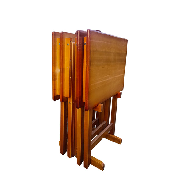 English Elm Folding Solid Wood Snack Trays Set of 4 with Storage Rack – Honey Finish, Durable TV & Laptop Tables W49539832