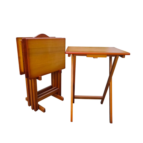 English Elm Folding Solid Wood Snack Trays Set of 4 with Storage Rack – Honey Finish, Durable TV & Laptop Tables W49539832