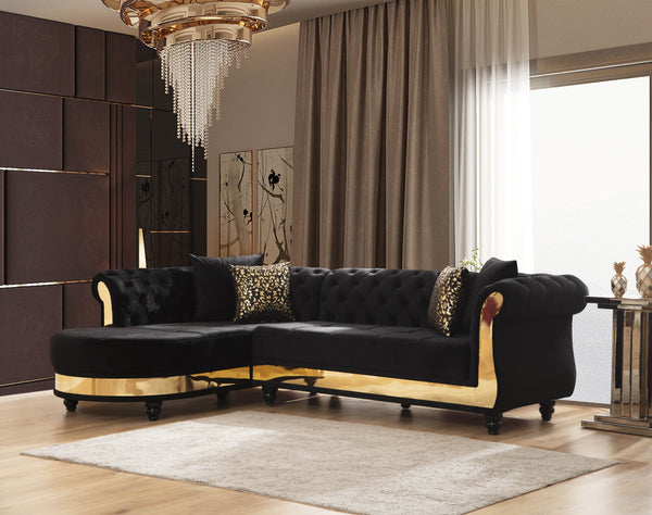 English Elm Gold Tufted Velvet L-Shaped Sectional Sofa with Quilted Seats, Gold Trim and Plush High-Density Cushions Black B009S00934
