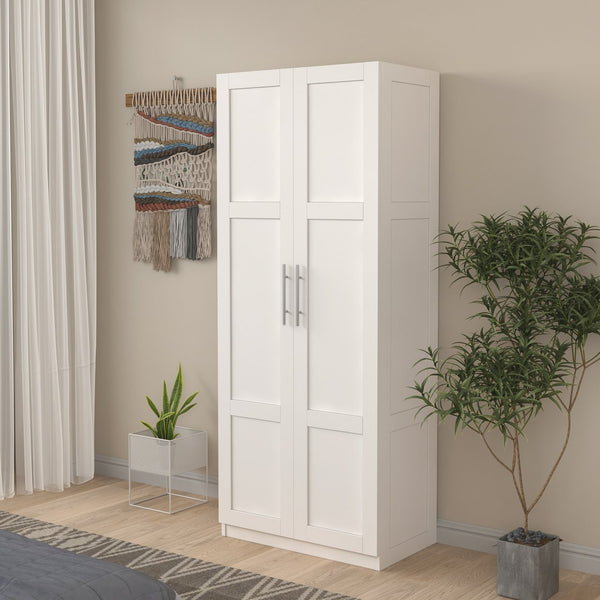 English Elm Pantry Adjustable 2-Door Storage Cabinet with 3 Shelves, Slim White Freestanding Cupboard for Home W331S00076