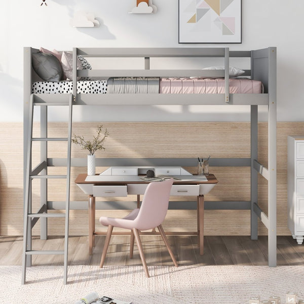 English Elm Loft Bed with Built-in Slide Solid Pine Twin Frame for Kids Bedroom Play Gray N708P360090E