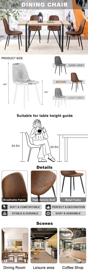 English Elm A set of 6 modern medieval style restaurant cushioned armchairs with suede tech fabric and black metal legs, ergonomic comfort for dining, lounge, kitchen, farmhouse décor (Brown+Black) W1151P299750