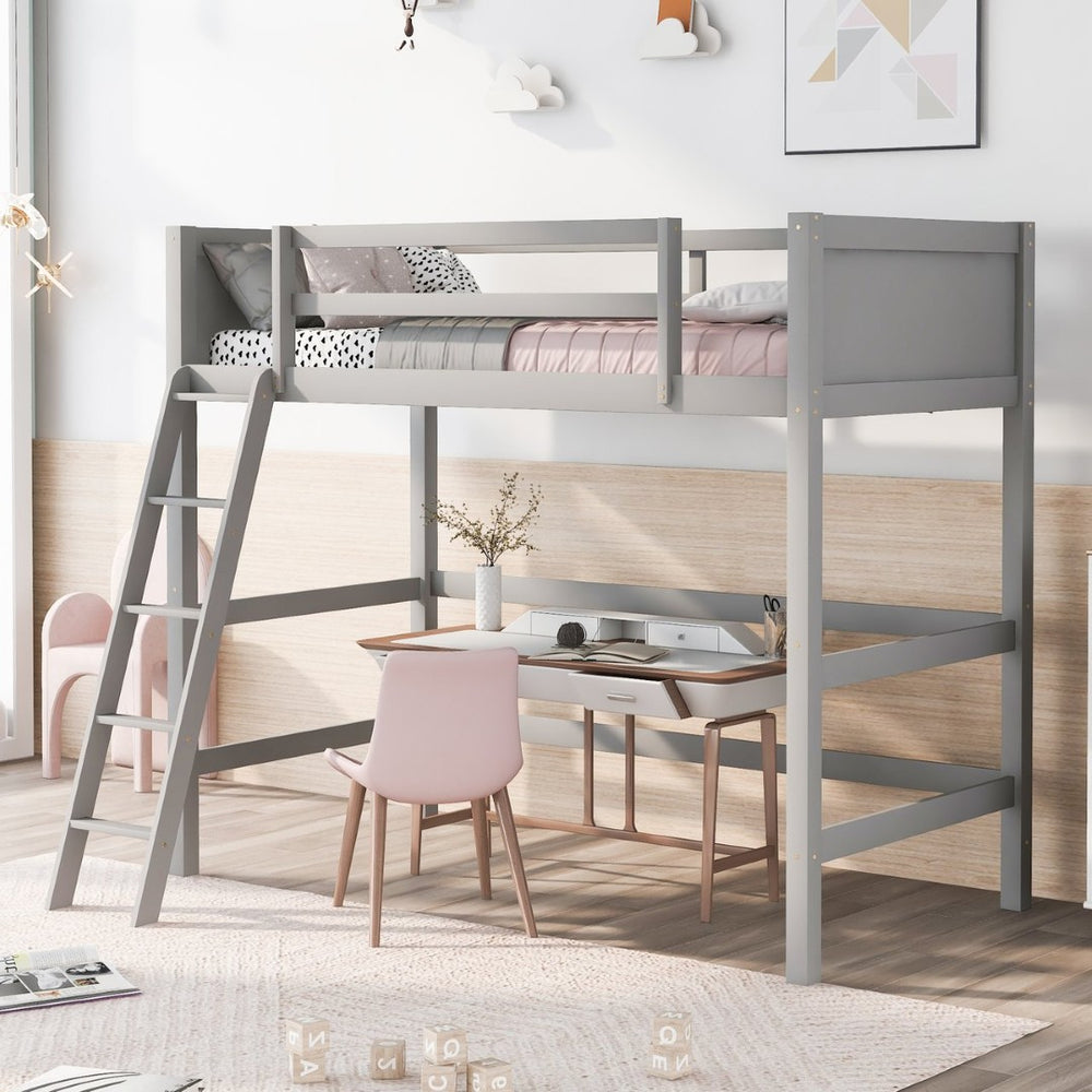 English Elm Loft Bed with Built-in Slide Solid Pine Twin Frame for Kids Bedroom Play Gray N708P360090E