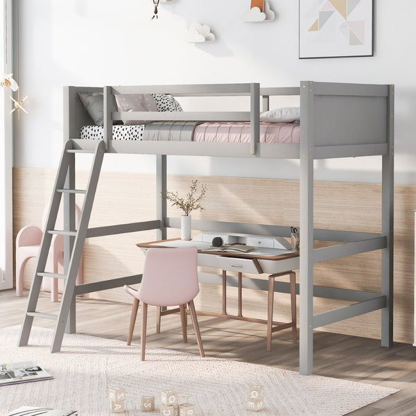 English Elm Loft Bed with Built-in Slide Solid Pine Twin Frame for Kids Bedroom Play Gray N708P360090E