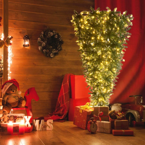 English Elm Upside Down Christmas Tree 7.4ft Led Warm White Lights Snow Tipped Pvc Branches PX293824AAF