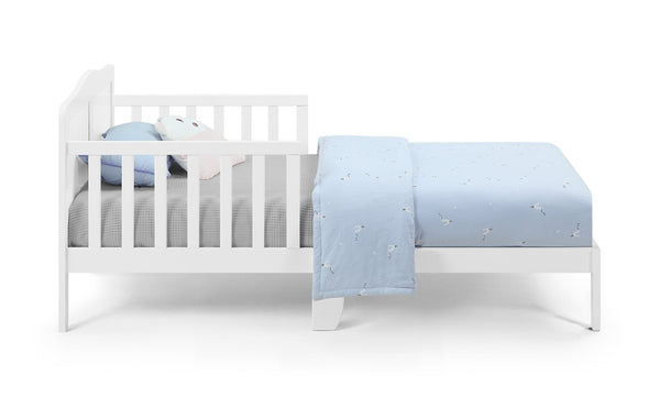 English Elm Birdie Toddler Bed Solid Wood Frame with Panel Headboard and Dual Guardrails White B02257212