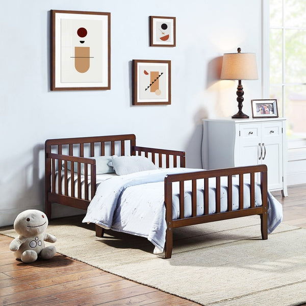 English Elm Jax Toddler Bed Solid Wood Slatted Frame with Built-in Guardrails for Safe Sleep Walnut B02257198