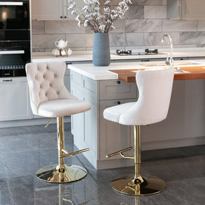 English Elm A&a Velvet Swivel Barstools Tufted Upholstered Seat Gold Base Adjustable Kitchen Pub Set Beige W114349916