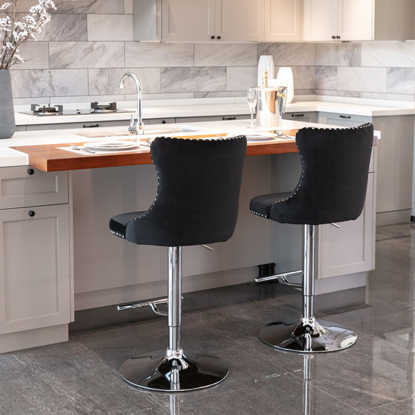 English Elm Swivel Velvet Barstools with Tufted Back and Waist Support, Adjustable 25–33" Height, Chrome Base Black W1143P309418