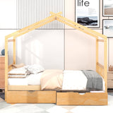 Hearth and Haven Stellar Full Size House-Shaped Bed with 2 Drawers and Roof Design, Natural WF292923AAD
