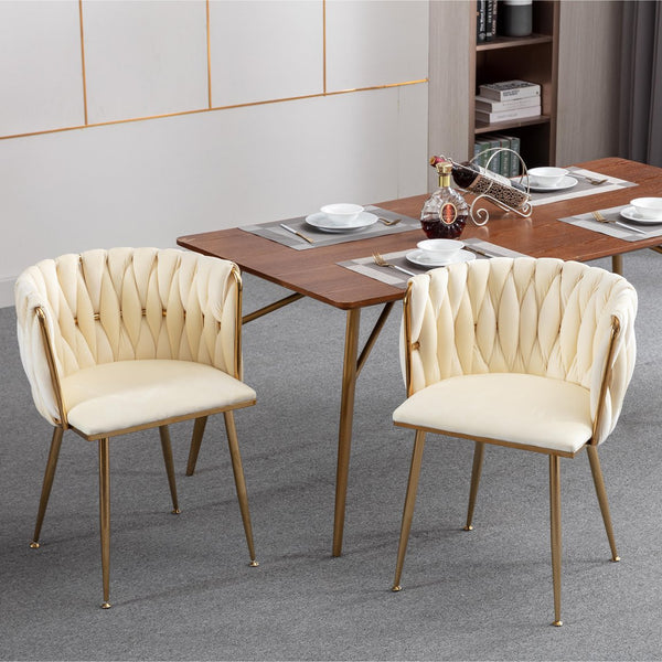 English Elm Modern Velvet Dining Chair with Golden Metal Frame and Plush Foam Seat, Sturdy 300lb Support, Easy Assembly, Luxurious Low-Back Design for Stylish Dining Rooms (Set of 2) Ivory W124956158