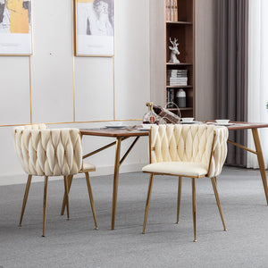 English Elm Modern Velvet Dining Chair with Golden Metal Frame and Plush Foam Seat, Sturdy 300lb Support, Easy Assembly, Luxurious Low-Back Design for Stylish Dining Rooms (Set of 2) Ivory W124956158