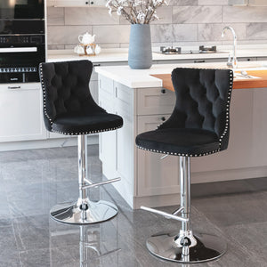 English Elm Swivel Velvet Tufted Barstool with Hand-Pulled Buttons, Adjustable 25–33" Height, Chrome Base Durable Black W1143P309418