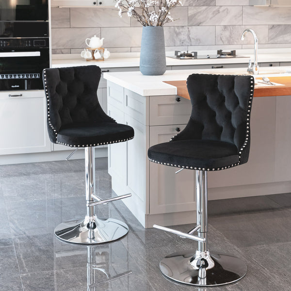 English Elm Swivel Velvet Tufted Barstool with Hand-Pulled Buttons, Adjustable 25–33" Height, Chrome Base Durable Black W1143P309418