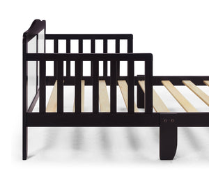 English Elm Birdie Toddler Bed Solid Wood Frame with Panel Headboard and Dual Guardrails Espresso B02257209