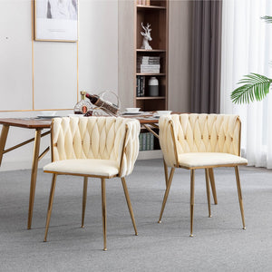 English Elm Modern Velvet Dining Chair with Golden Metal Frame and Plush Foam Seat, Sturdy 300lb Support, Easy Assembly, Luxurious Low-Back Design for Stylish Dining Rooms (Set of 2) Ivory W124956158