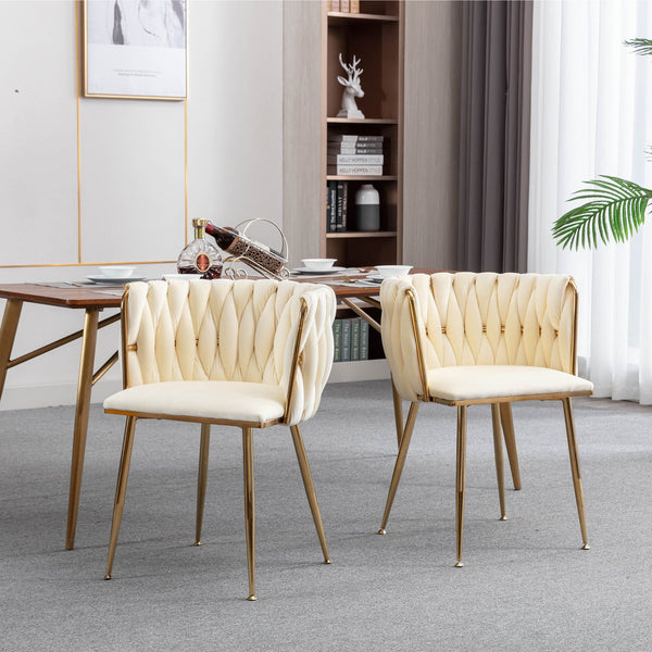 English Elm Modern Velvet Dining Chair with Golden Metal Frame and Plush Foam Seat, Sturdy 300lb Support, Easy Assembly, Luxurious Low-Back Design for Stylish Dining Rooms (Set of 2) Ivory W124956158