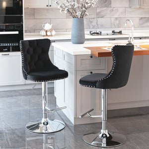 English Elm Swivel Velvet Tufted Barstool with Hand-Pulled Buttons, Adjustable 25–33" Height, Chrome Base Durable Black W1143P309418