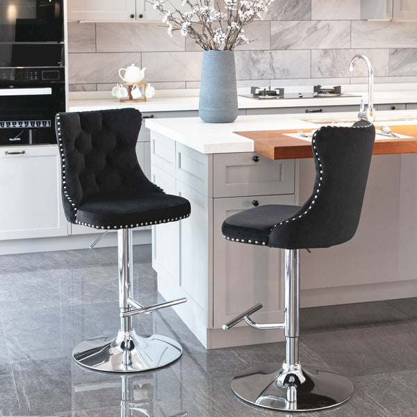 English Elm Swivel Velvet Tufted Barstool with Hand-Pulled Buttons, Adjustable 25–33" Height, Chrome Base Durable Black W1143P309418