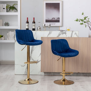 English Elm Chrome Velvet Swivel Bar Stool Set of 2 with Gold Legs, Height Adjustable, Plush Upholstery & Footrest Navy W124956166