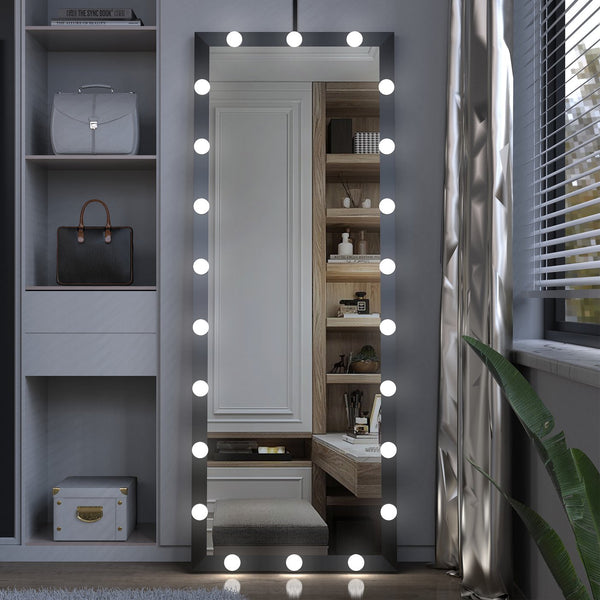 English Elm Hollywood LED Vanity Mirror 63x24in Black Full-Length Lighted Floor & Wall Mount with 3 Color Modes and Touch Control for Dressing Room Bedroom W70832320