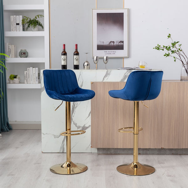 English Elm Chrome Velvet Swivel Bar Stool Set of 2 with Gold Legs, Height Adjustable, Plush Upholstery & Footrest Navy W124956166