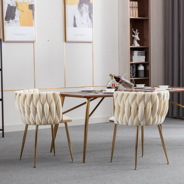 English Elm Modern Velvet Dining Chair with Golden Metal Frame and Plush Foam Seat, Sturdy 300lb Support, Easy Assembly, Luxurious Low-Back Design for Stylish Dining Rooms (Set of 2) Ivory W124956158