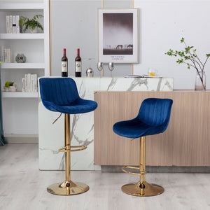 English Elm Chrome Velvet Swivel Bar Stool Set of 2 with Gold Legs, Height Adjustable, Plush Upholstery & Footrest Navy W124956166