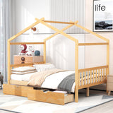 Hearth and Haven Stellar Full Size House-Shaped Bed with 2 Drawers and Roof Design, Natural WF292923AAD