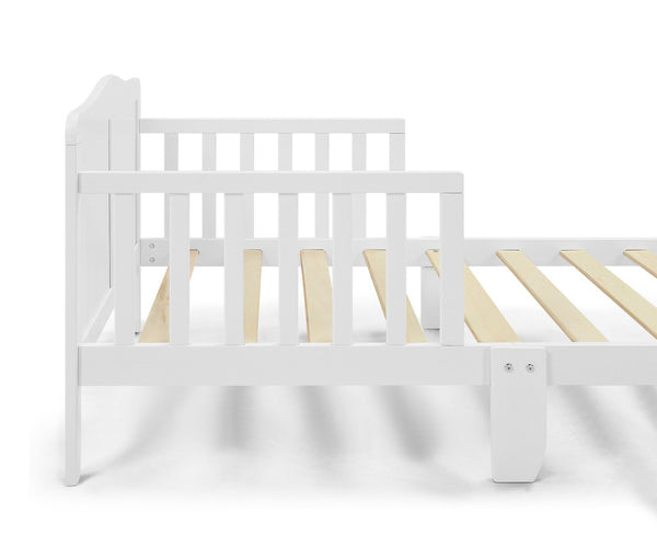 English Elm Birdie Toddler Bed Solid Wood Frame with Panel Headboard and Dual Guardrails White B02257212