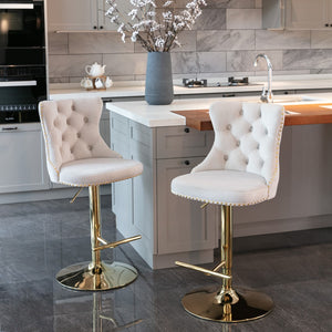 English Elm A&a Velvet Swivel Barstools Tufted Upholstered Seat Gold Base Adjustable Kitchen Pub Set Beige W114349916