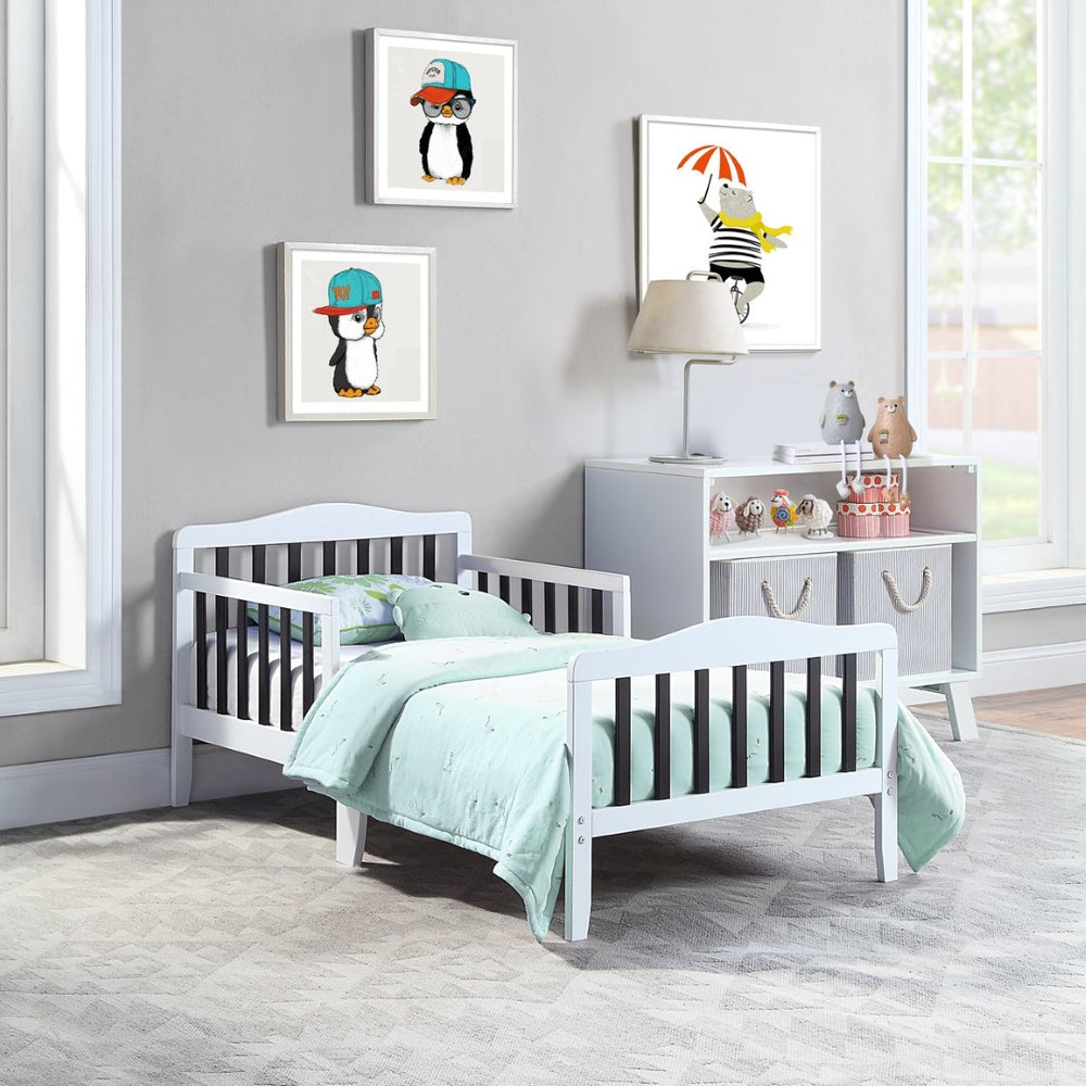 English Elm Birdie Toddler Bed Solid Wood Frame with Panel Headboard and Dual Guardrails White B02257206
