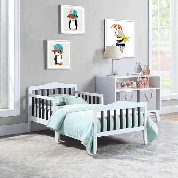 English Elm Birdie Toddler Bed Solid Wood Frame with Panel Headboard and Dual Guardrails White B02257206