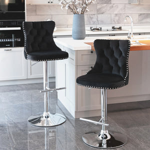 English Elm Swivel Velvet Tufted Barstool with Hand-Pulled Buttons, Adjustable 25–33" Height, Chrome Base Durable Black W1143P309418