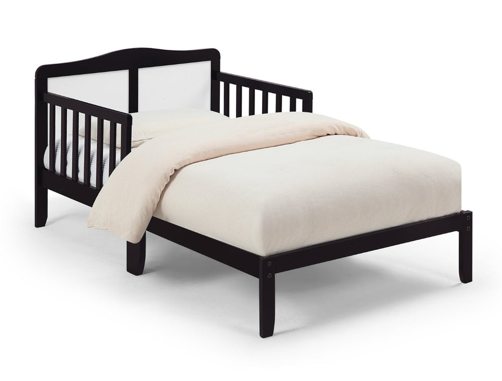 English Elm Birdie Toddler Bed Solid Wood Frame with Panel Headboard and Dual Guardrails Espresso B02257209