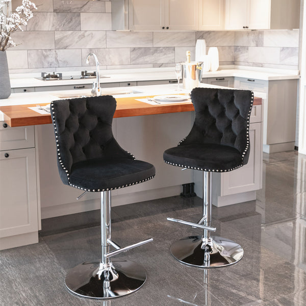 English Elm A&A Velvet Swivel Barstools with Adjustable 25–33" Height, Tufted Upholstery, Chrome Base Comfort Black W114351406