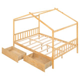 Stellar Full Size House-Shaped Bed with 2 Drawers and Roof Design, Natural