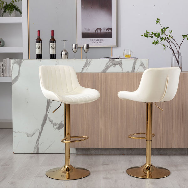 English Elm Chrome Velvet Swivel Bar Stool Set of 2 with Gold Legs, Height Adjustable, Plush Upholstery & Footrest Ivory W124956164