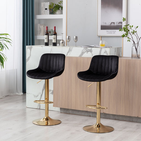 English Elm Chrome Velvet Swivel Bar Stool Set of 2 — Height Adjustable, Chrome Base & Footrest, Plush Black Seats, Modern Luxe Design W124956165