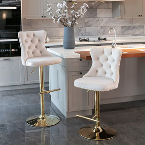 English Elm A&a Velvet Swivel Barstools Tufted Upholstered Seat Gold Base Adjustable Kitchen Pub Set Beige W114349916