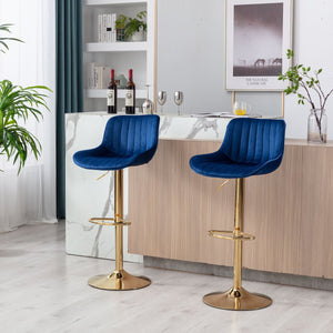 English Elm Chrome Velvet Swivel Bar Stool Set of 2 with Gold Legs, Height Adjustable, Plush Upholstery & Footrest Navy W124956166