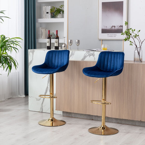 English Elm Chrome Velvet Swivel Bar Stool Set of 2 with Gold Legs, Height Adjustable, Plush Upholstery & Footrest Navy W124956166