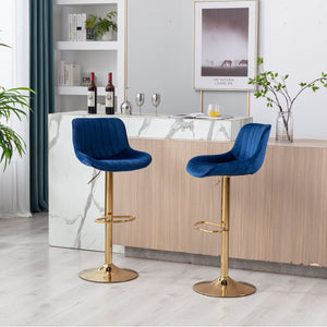 English Elm Chrome Velvet Swivel Bar Stool Set of 2 with Gold Legs, Height Adjustable, Plush Upholstery & Footrest Navy W124956166