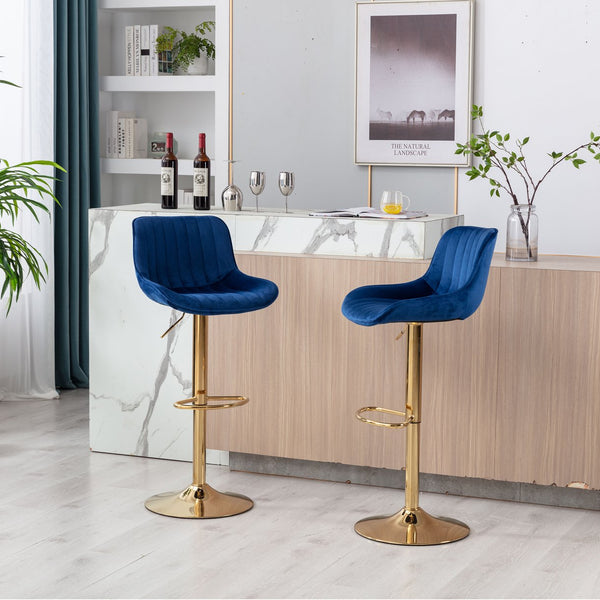 English Elm Chrome Velvet Swivel Bar Stool Set of 2 with Gold Legs, Height Adjustable, Plush Upholstery & Footrest Navy W124956166