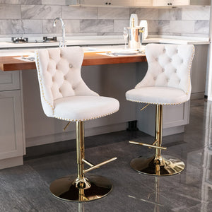 English Elm A&a Velvet Swivel Barstools Tufted Upholstered Seat Gold Base Adjustable Kitchen Pub Set Beige W114349916