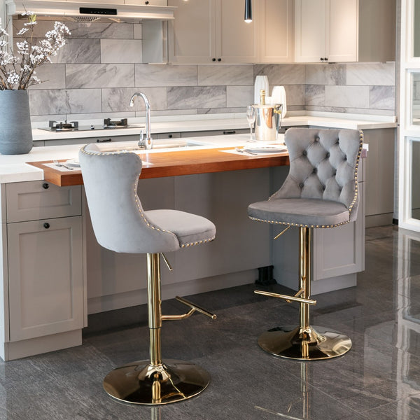 English Elm A&a Velvet Swivel Barstools Tufted Upholstered Seat Gold Base Adjustable Kitchen Pub Set Gray W114349920